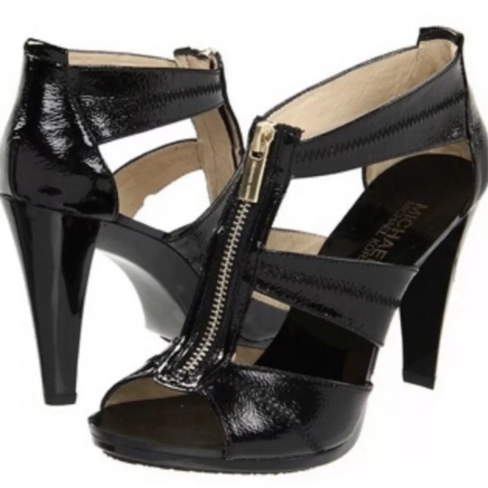 MICHAEL KORS Patent Leather Zip Heels Black EUC